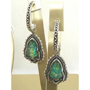 Genuine Fire Opal Removable Rocketship charm hoop earrings Stamped Silver 925